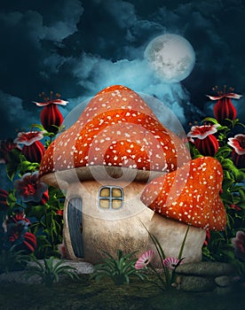 Fantasy mushroom cottage with moon