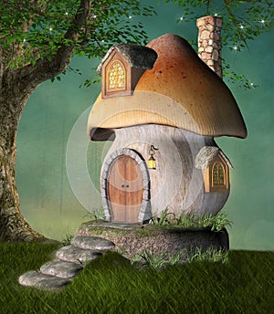 Fantasy mushroom house in a green meadow