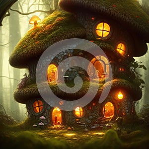 Fantasy mushroom-like house growing in magical forest