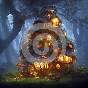 Fantasy mushroom-like house growing in magical forest