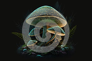 Fantasy mushrooms on dark background. Generative AI