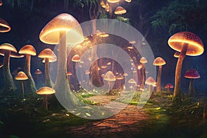 Fantasy mushrooms in magical forest