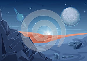 Fantasy mystery alien landscape, another planet nature with rocks and planets in sky. Game design vector galaxy space