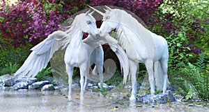 Fantasy mythical white Unicorn and Pegasus in an enchanted forest .