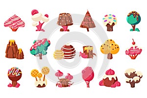 Fantasy nature landscape elements, sweet candy land vector Illustrations on a white background