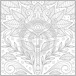 Fantasy nature leaf staff, Adult and kid coloring page