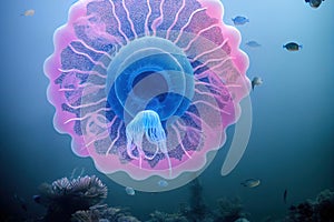 Fantasy neon medusa in sea deep blue water. Glowing vivid transparent underwater jellyfish dreamlike wallpaper