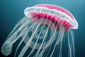 Fantasy neon medusa in sea deep blue water. Glowing vivid transparent underwater jellyfish dreamlike wallpaper
