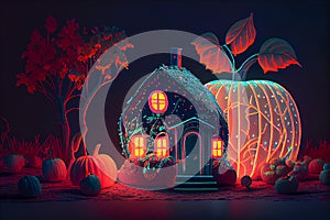 Fantasy neon punpkin house in autumn garden, generative ai illustration