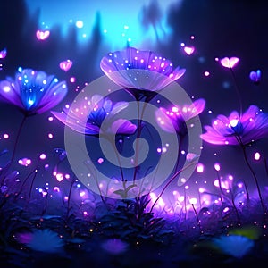Fantasy night landscape with flowers and magic lights. Vector illustration. AI generated