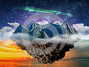 Fantasy night lanscape, mountain island floating above sea  and starry sky with comet