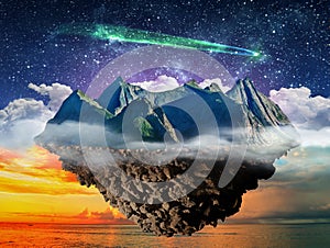Fantasy night lanscape, mountain island floating above sea  and starry sky with comet photo