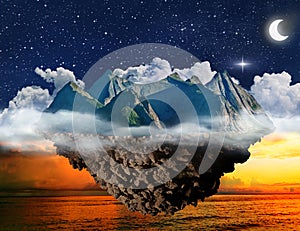 Fantasy night lanscape, mountain island floating above sea  and starry sky with moon