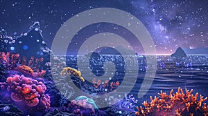 Fantasy night seascape, glowing marine life, starry sky, digital