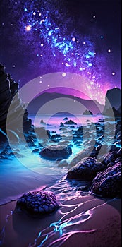 Fantasy night seascape with glowing starry sky and sea. Vertical illustration