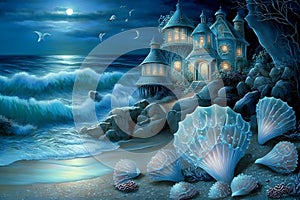 Fantasy night seascape with magic seashells. Neural network AI generated