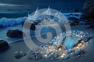 Fantasy night seascape with magic seashells. Neural network AI generated