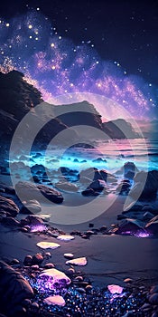 Fantasy night seascape with a starry sky over a rocky shore, glowing marine life. Vertical illustration