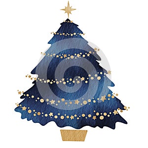 Fantasy night sky Christmas tree with golden star garland watercolor illustration for decoration on Christmas holiday event