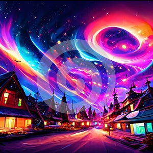 Fantasy night town. Fairytale landscape with houses, houses and lights. Vector illustration. AI Generated