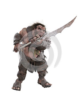Fantasy Norse giant holding a glaive weapon. 3D rendering isolated on white background