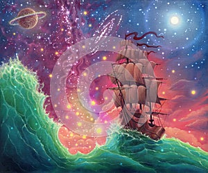 Fantasy oil painting sea landscape art with ship, sunset, space stars, planets, moon, hand drawn seascape illustration with ocean