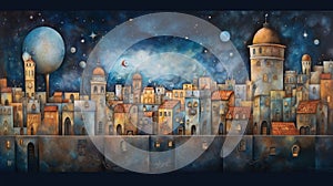 Fantasy old city skyline watercolor night scene. Wall art wallpaper