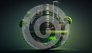 Fantasy an old industrial floating island pollutes. Generative AI.