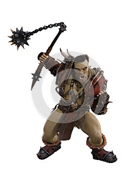 Fantasy orc monster brute warrior swinging a mace weapon in battle. 3D rendering isolated on white background