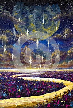 Fantasy painting big planet moon starry night sky and glowing river among purple field