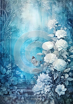 Fantasy painting of a luxury garden, matt azure blue grunge background with shiny silver metallic baroque decorations