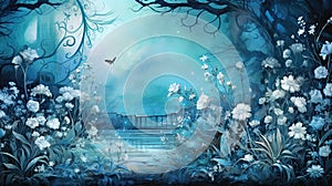 Fantasy painting of a luxury garden, matt azure blue grunge background with shiny silver metallic baroque decorations photo