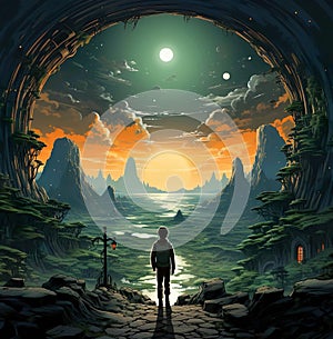 An fantasy painting The wanderer stands on a green hill and under him around this hill in a circle