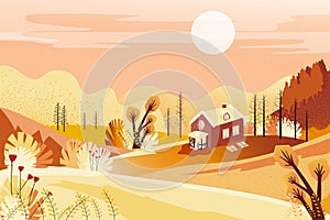 Fantasy panorama landscapes of Countryside in autumn,Panoramic of mid autumn with farm field, mountains, wild grass and leaves