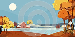 Fantasy panorama landscapes of Countryside in autumn,Panoramic of mid autumn with farm house by the lake with the sun and blue sky