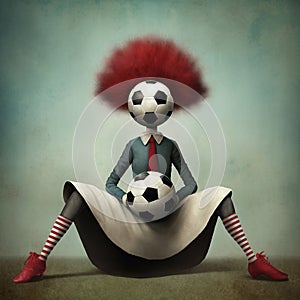 Fantasy persoon with red wig sitting and the head of soccer ball. AI Generated