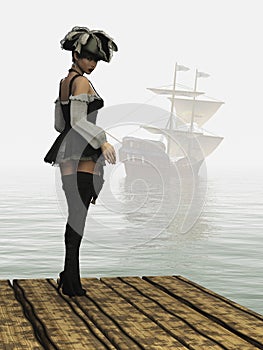 Fantasy pirate girl on dock