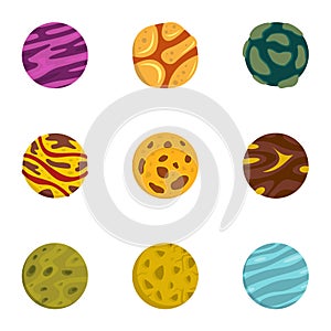 Fantasy planet icons set, flat style