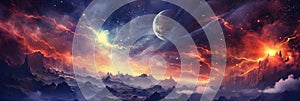 Fantasy planet, night sky on background, panorama. AI Generative