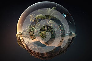 Fantasy planet with palm trees and moon photo