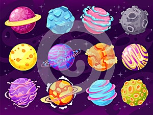 Fantasy planets. Colorful cosmic planet objects for game design fantastic galaxy world, astronomy space universe cartoon