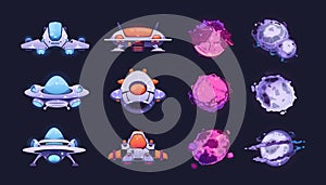 Fantasy planets and ships. Cartoon neon spaceship and cosmic icons for 2D game design, comic fantasy space ufo shuttles