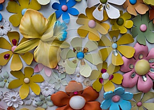 Fantasy plastic flowers on wall