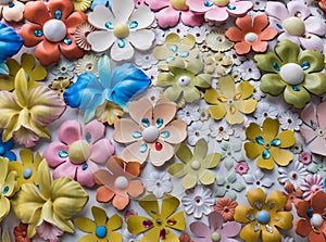 Fantasy plastic flowers on wall