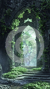 Fantasy portal archway covered in creepers, magical stone gate to another dimension, 3d digital art photo
