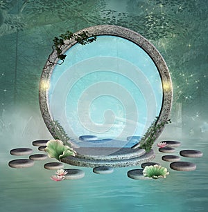 Fantasy portal upon a misty lake in a green forest