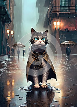 Fantasy portrait of a cat in a raincoat at night