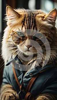 Fantasy portrait of a cute kitty cat with sunglasses. Love for animals. Animal rescue idea.