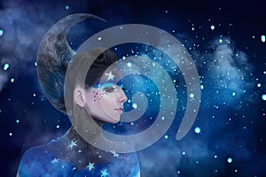 Fantasy portrait of moon woman with stars make-up and moon style hairdo