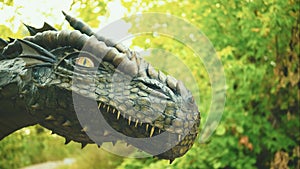 Fantasy portrait real dragon head close-up sharp teeth muzzle in dark gray scale